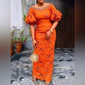 STYLEWE Orange Puff Sleeve Asymmetrical Gown